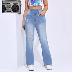 Women's High Elastic Hole Slim Fit All-match Denim Trousers