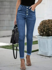 Multi Button Slim Fit Jeans Plus Size Women's Stretch Denim Washed Jeans