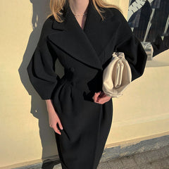 Women's Classic Winter Long Coat, Double-Breasted Belted Trench With Wide Lapel, Solid Color Oversized Overcoat For Casual Style