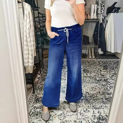 Women's Elastic Drawstring Wide Leg Straight Jeans