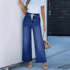 Women's Elastic Drawstring Wide Leg Straight Jeans