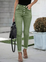 Multi Button Slim Fit Jeans Plus Size Women's Stretch Denim Washed Jeans