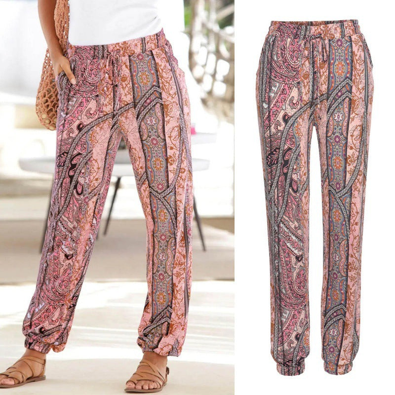 Women's Elastic Waist Printed Pocket Lace-up Leggings