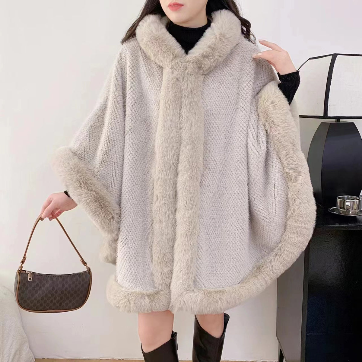 Mid-length Big Fur Collar Cloak Coat