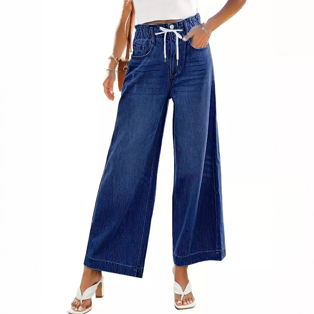 Women's Elastic Drawstring Wide Leg Straight Jeans
